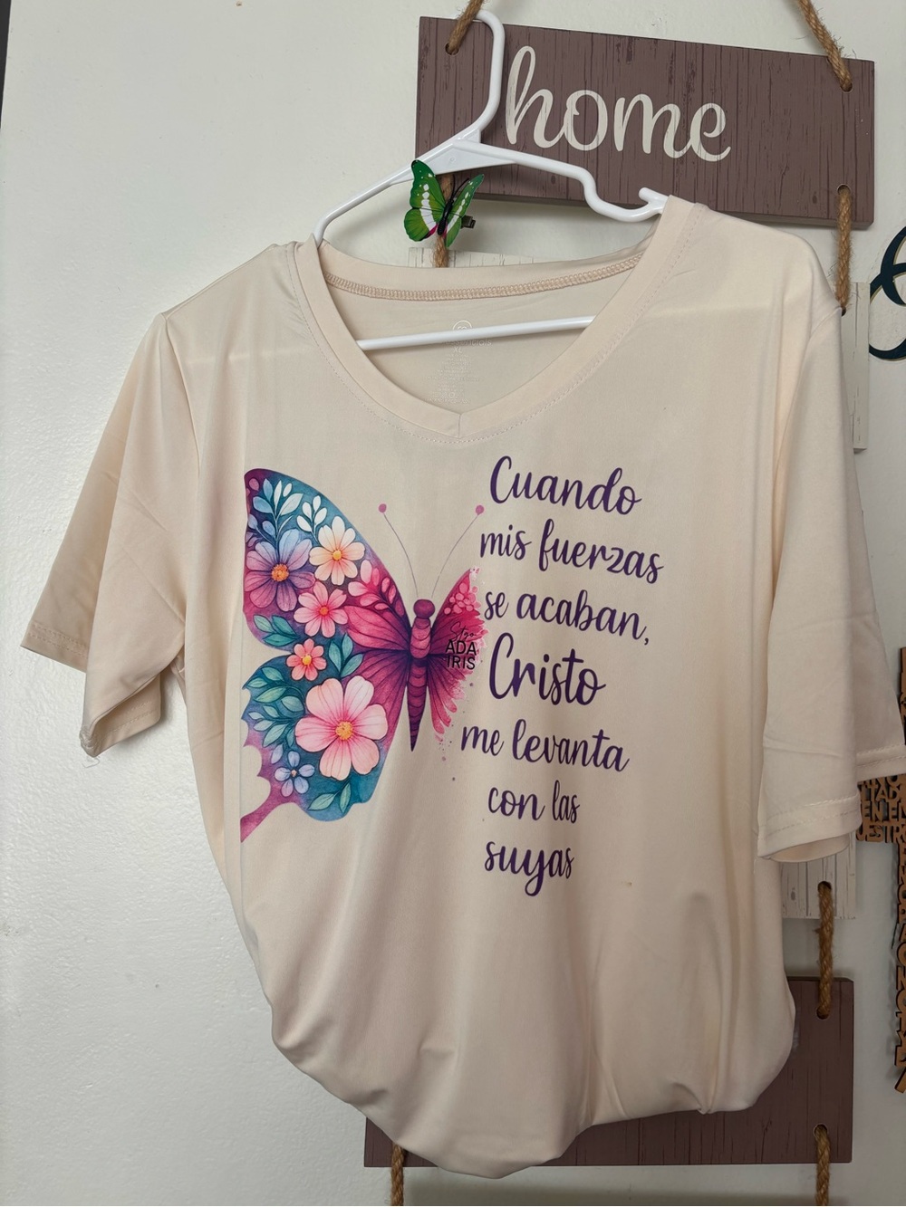 Butterfly Floral Graphic V-Neck Top - Cream